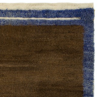 Minimalist Hand-knotted Tulu Rug with Brown Field and Blue Border. 100% Wool
