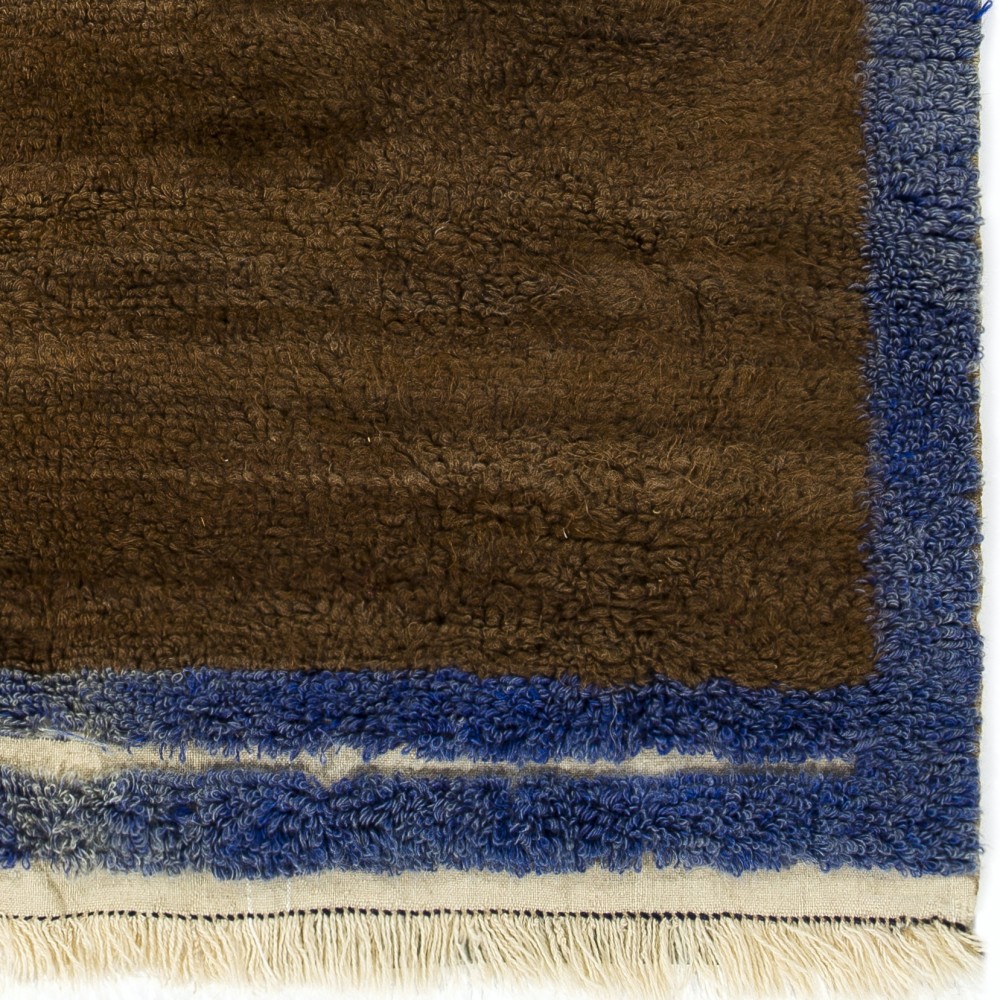 Minimalist Hand-knotted Tulu Rug with Brown Field and Blue Border. 100% Wool