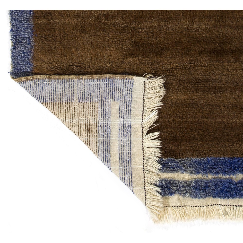Minimalist Hand-knotted Tulu Rug with Brown Field and Blue Border. 100% Wool