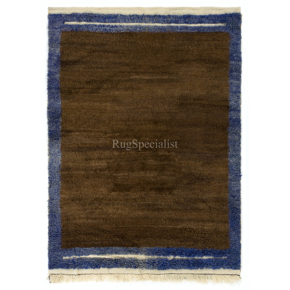 Minimalist Hand-knotted Tulu Rug with Brown Field and Blue Border. 100% Wool