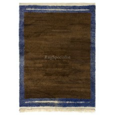 Minimalist Hand-knotted Tulu Rug with Brown Field and Blue Border. 100% Wool