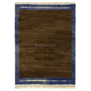 Minimalist Hand-knotted Tulu Rug with Brown Field and Blue Border. 100% Wool