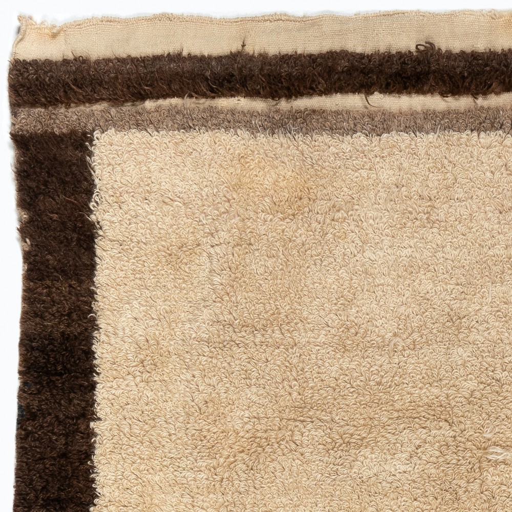 Vintage Hand-Knotted Turkish Tulu Rug in Beige with Brown Border, 100% Natural Wool Vintage Hand-Knotted Turkish Tulu Rug in Beige with Brown Border, 100% Natural Wool