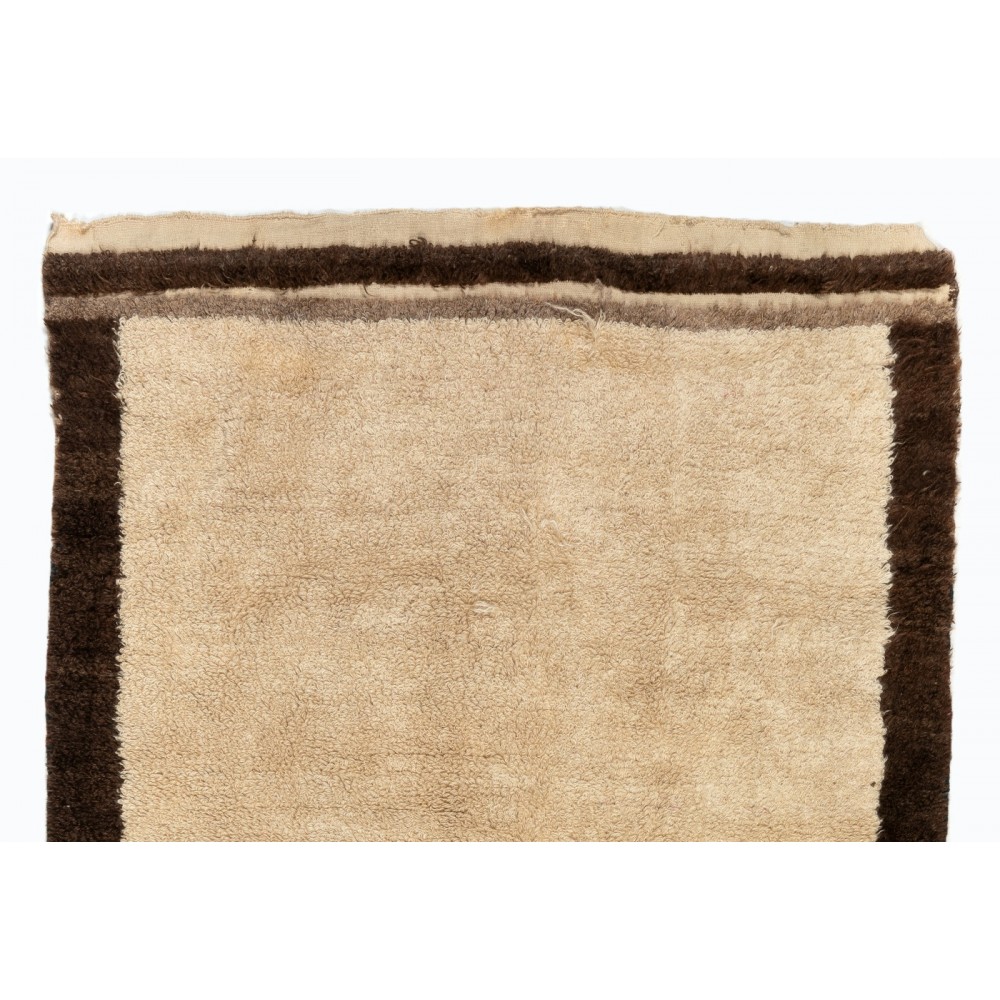 Vintage Hand Knotted Turkish Tulu Rug in Beige with Brown Border, 100% Soft Natural Wool