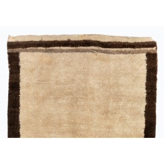 Vintage Hand Knotted Turkish Tulu Rug in Beige with Brown Border, 100% Soft Natural Wool