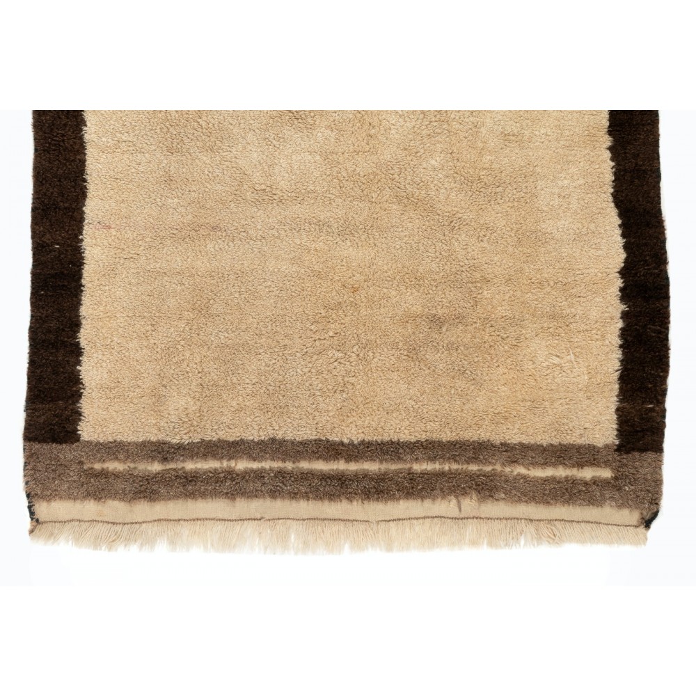 Vintage Hand Knotted Turkish Tulu Rug in Beige with Brown Border, 100% Soft Natural Wool