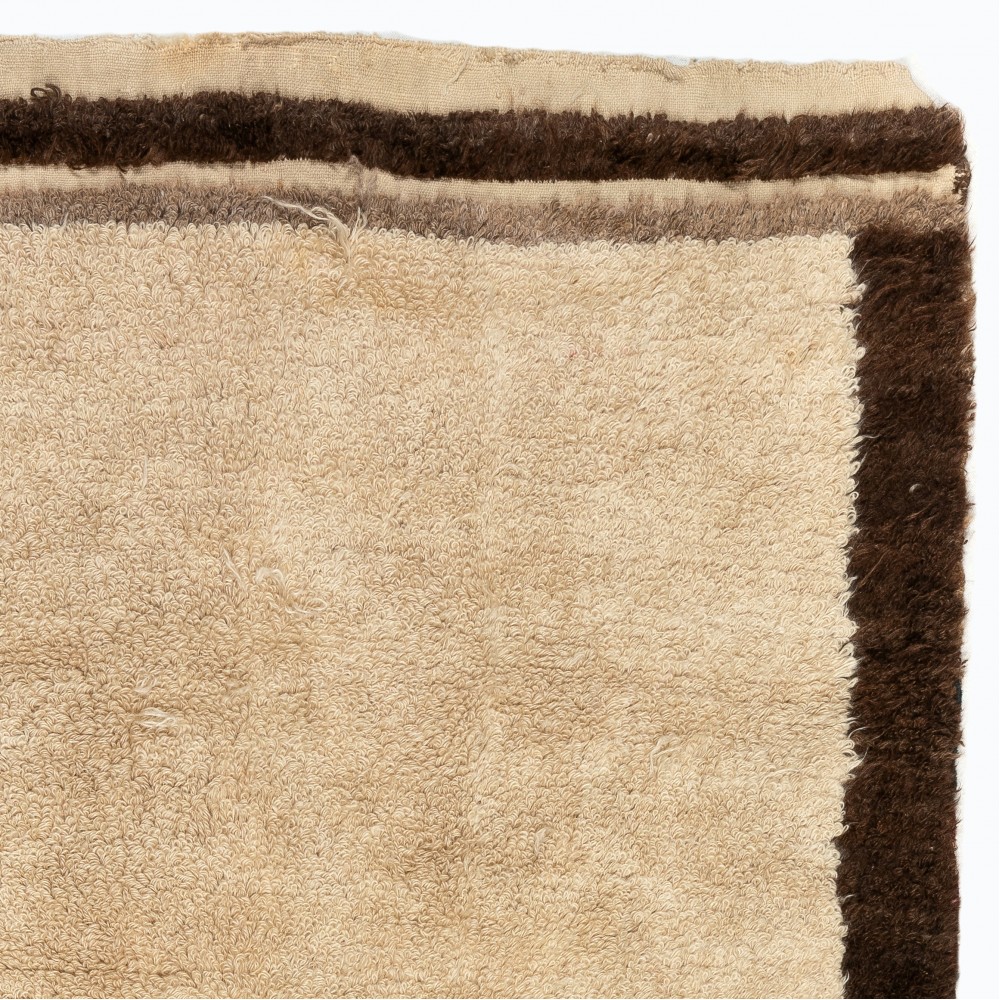 Vintage Hand-Knotted Turkish Tulu Rug in Beige with Brown Border, 100% Natural Wool Vintage Hand-Knotted Turkish Tulu Rug in Beige with Brown Border, 100% Natural Wool