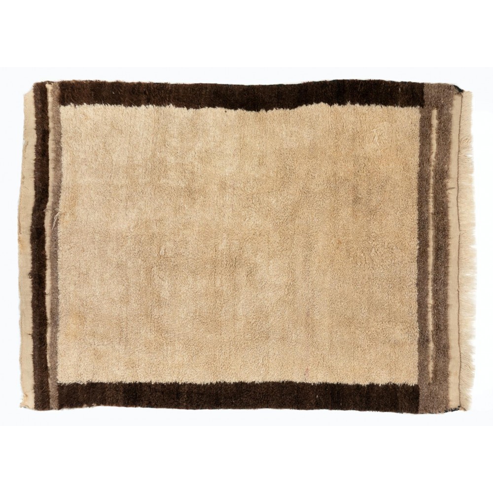 Vintage Hand Knotted Turkish Tulu Rug in Beige with Brown Border, 100% Soft Natural Wool
