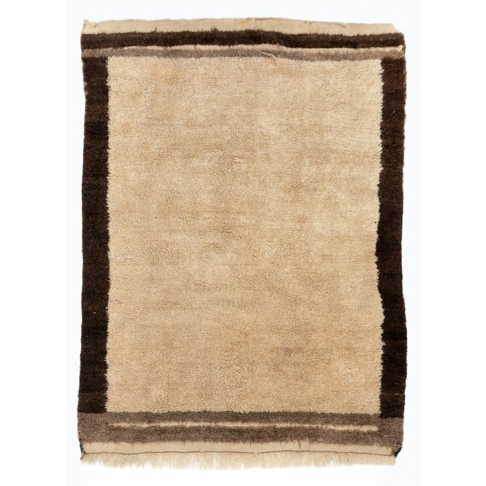Vintage Hand Knotted Turkish Tulu Rug in Beige with Brown Border, 100% Soft Natural Wool