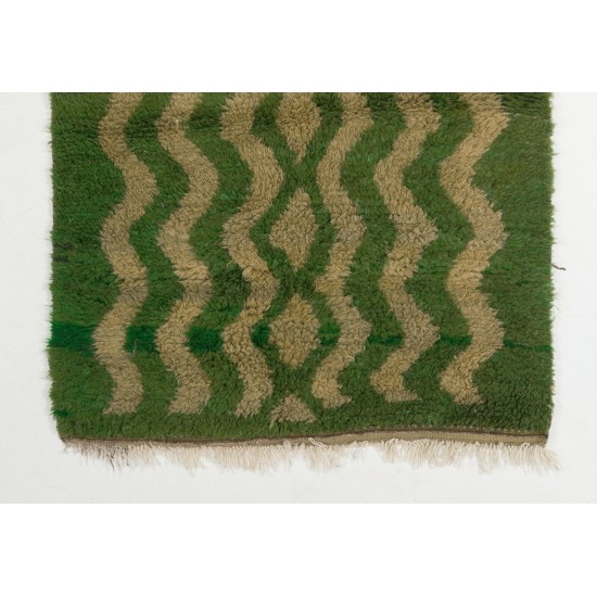 Custom Hand Knotted "Tulu" Rug, Green Zigzag Design Turkish Carpet. 100% Soft Wool