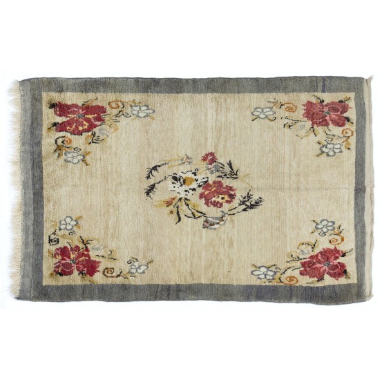 Fine Hand-Knotted Vintage Floral Rug From Konya