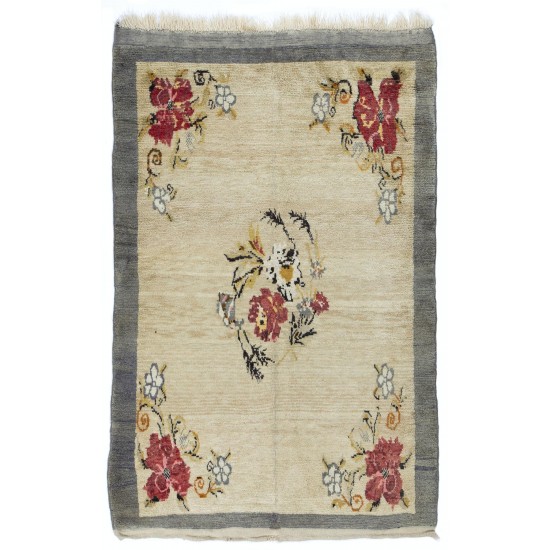 Fine Hand-Knotted Vintage Floral Rug From Konya