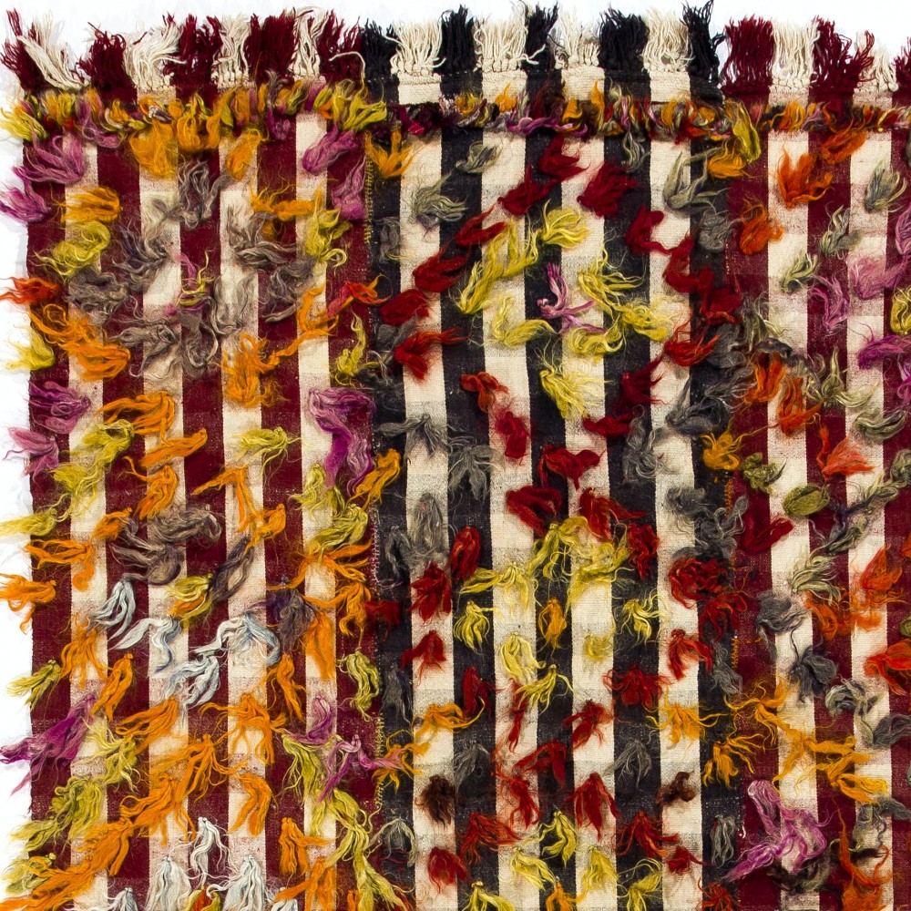 Vintage Turkish Kilim Rug with Colorful Pom Poms, Bed and Sofa Cover