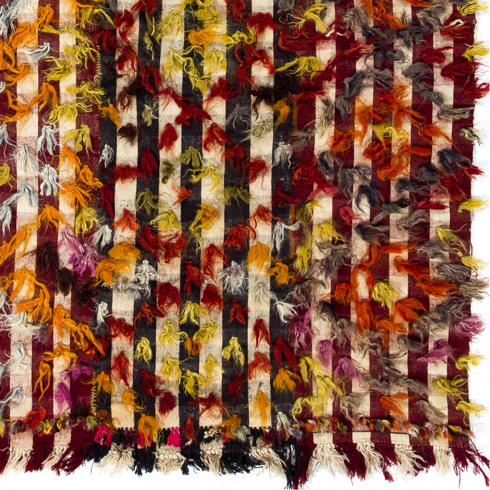 Vintage Turkish Kilim Rug with Colorful Pom Poms, Bed and Sofa Cover