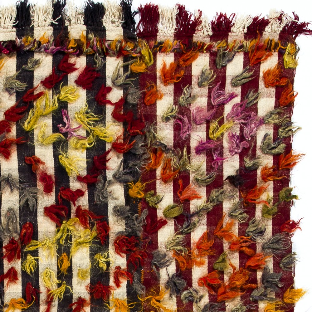 Vintage Turkish Kilim Rug with Colorful Pom Poms, Bed and Sofa Cover