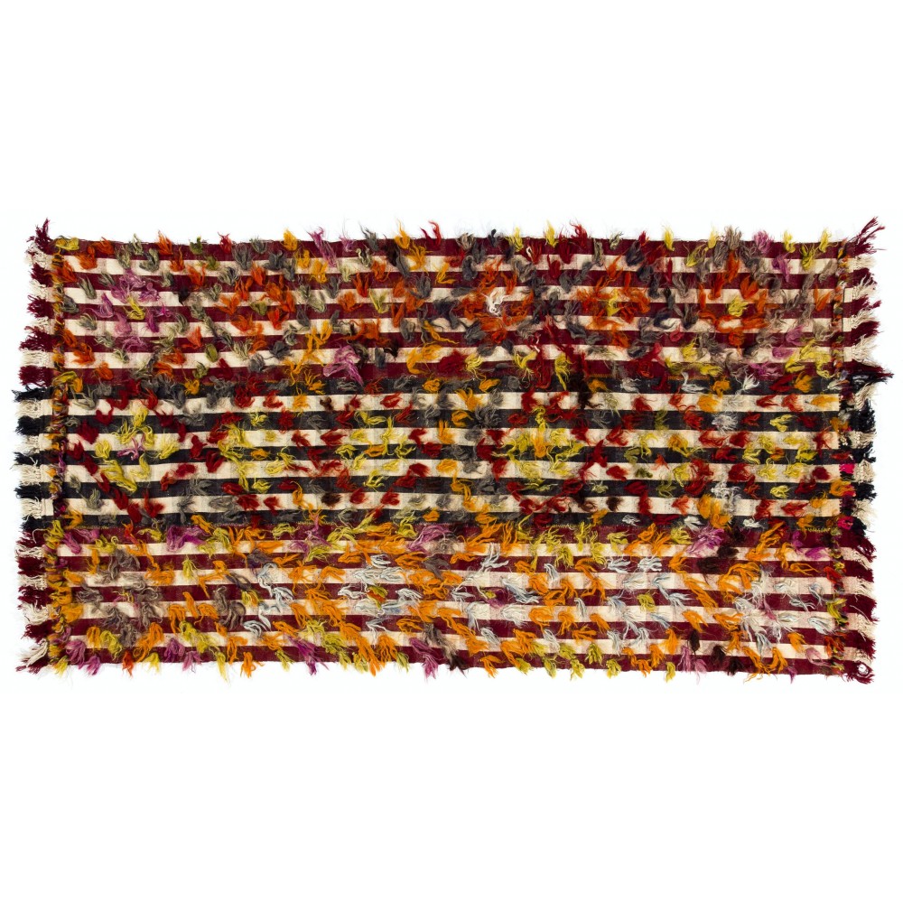 Vintage Kilim Rug with Colorful Poms. Bed, Floor, Sofa Cover