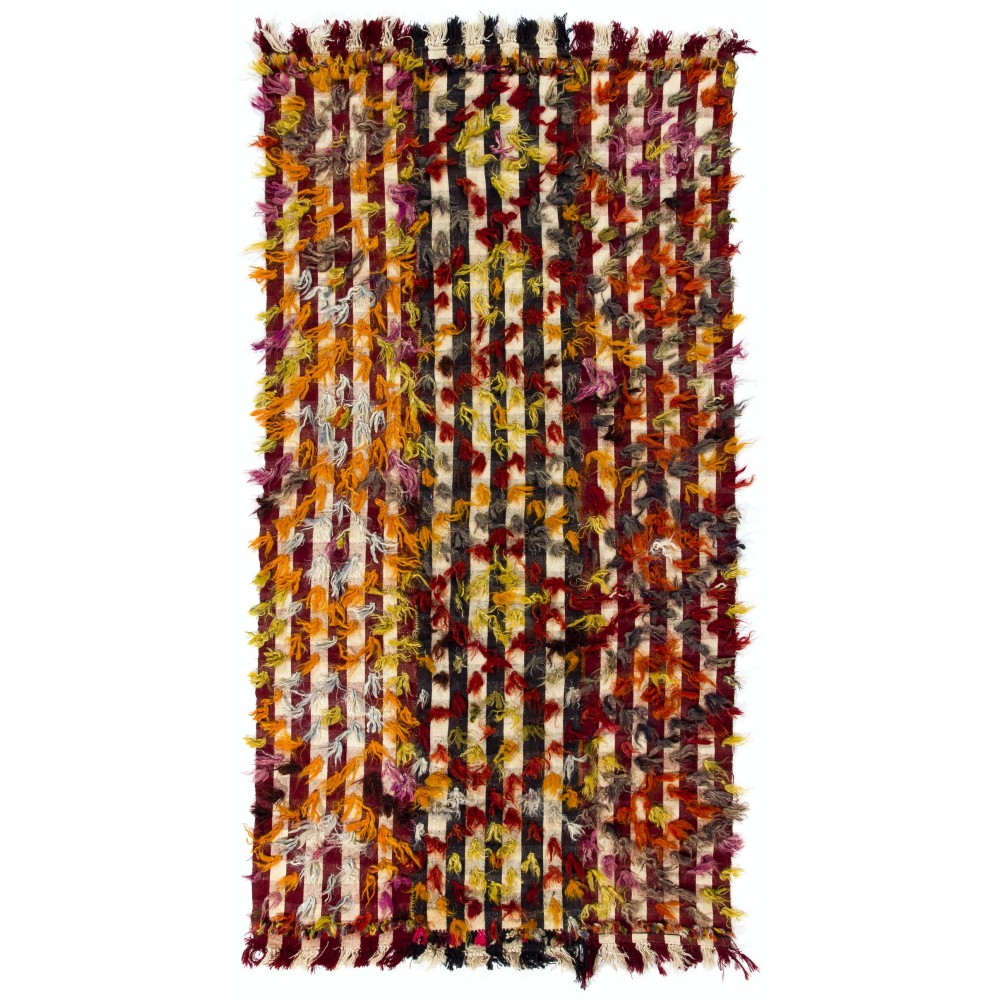 Vintage Kilim Rug with Colorful Poms. Bed, Floor, Sofa Cover