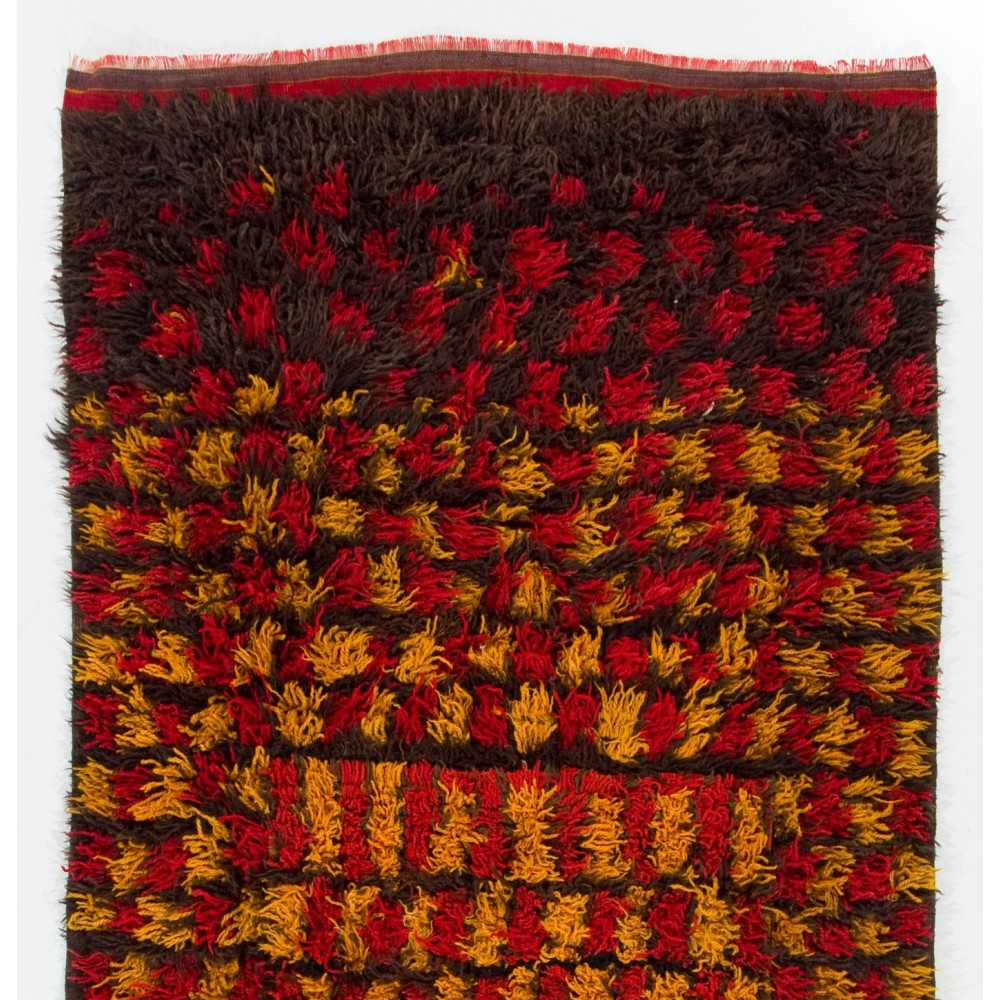 Vintage Handmade Turkish Tulu Rug in Red, Yellow and Brown Colors