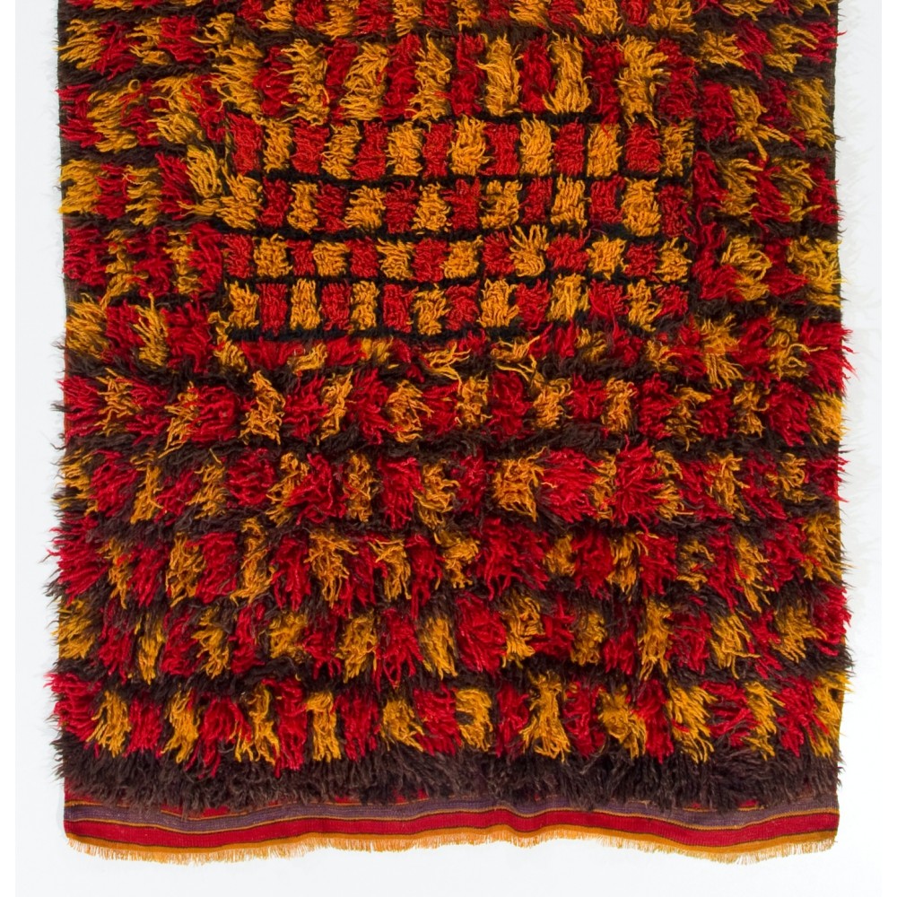Vintage Handmade Turkish Tulu Rug in Red, Yellow and Brown Colors