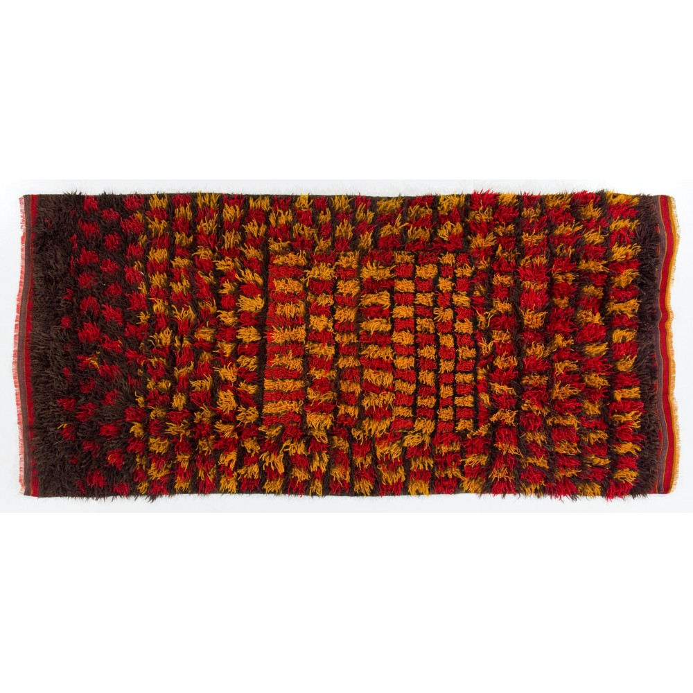 Vintage Handmade Turkish Tulu Rug in Red, Yellow and Brown Colors