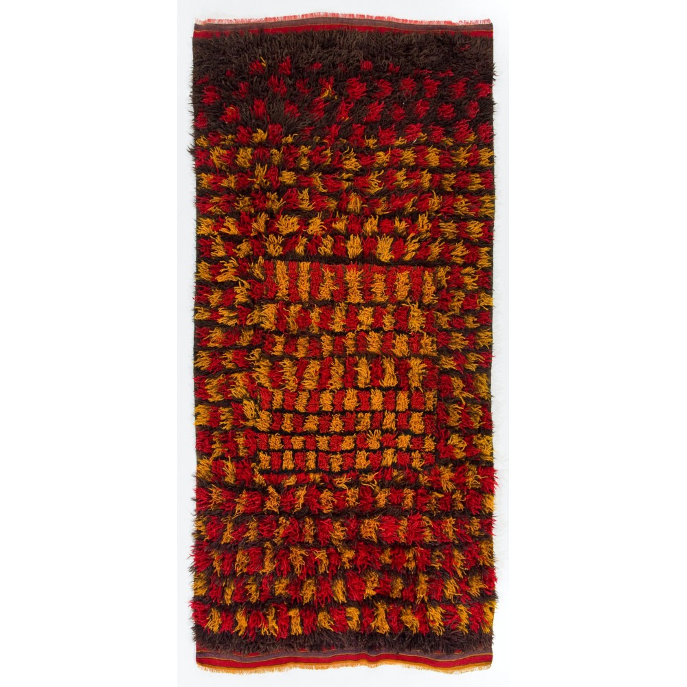 Vintage Handmade Turkish Tulu Rug in Red, Yellow and Brown Colors
