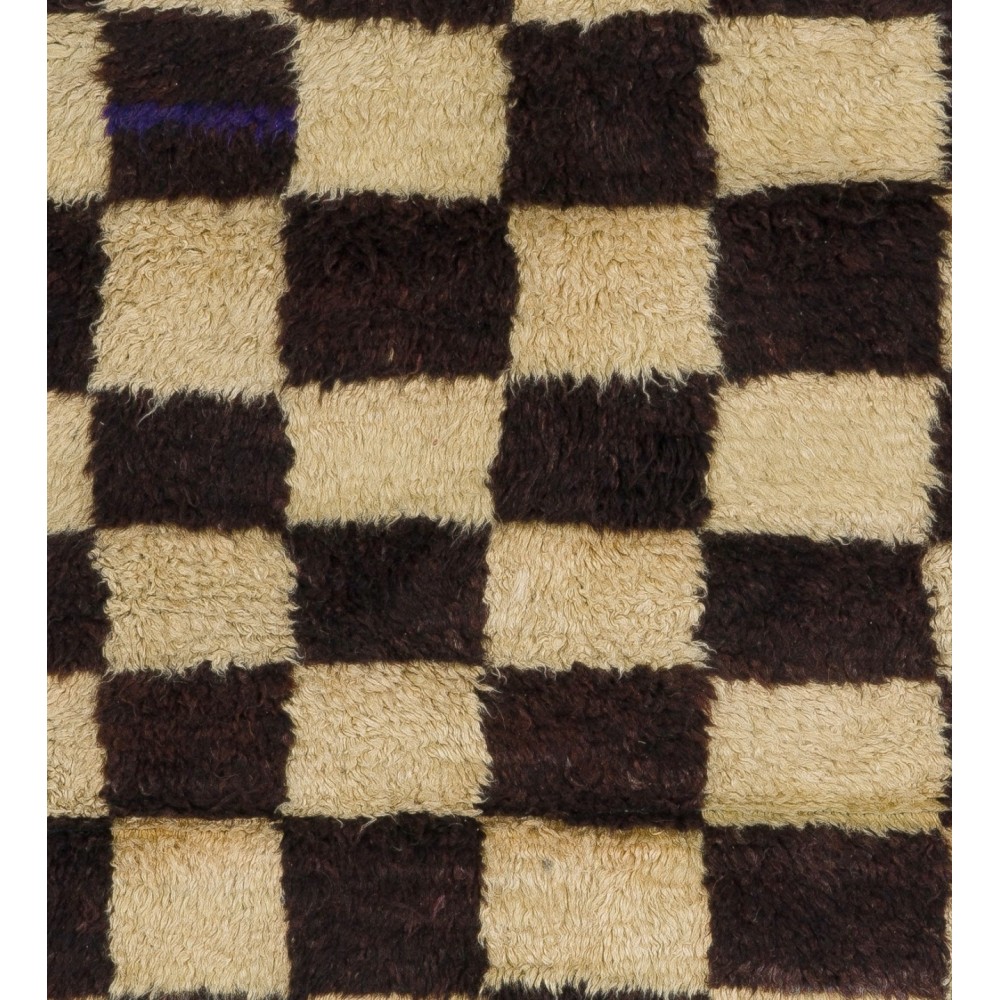 Small Chessboard Design Midcentury Tulu Rug, Natural Undyed Wool