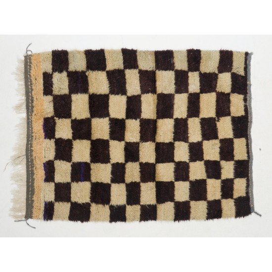 Small Chessboard Design Midcentury Tulu Rug, Natural Undyed Wool