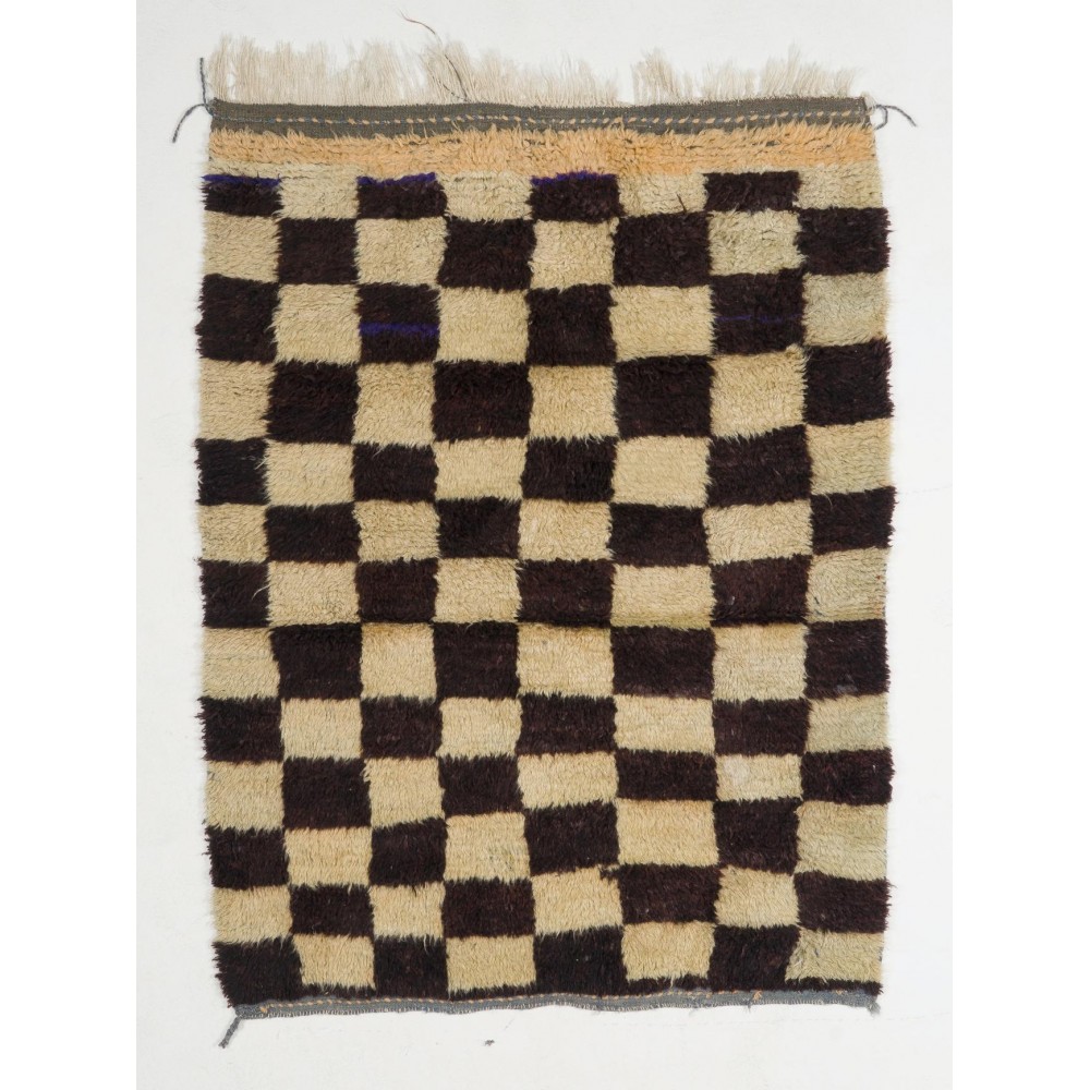 Small Chessboard Design Midcentury Tulu Rug, Natural Undyed Wool