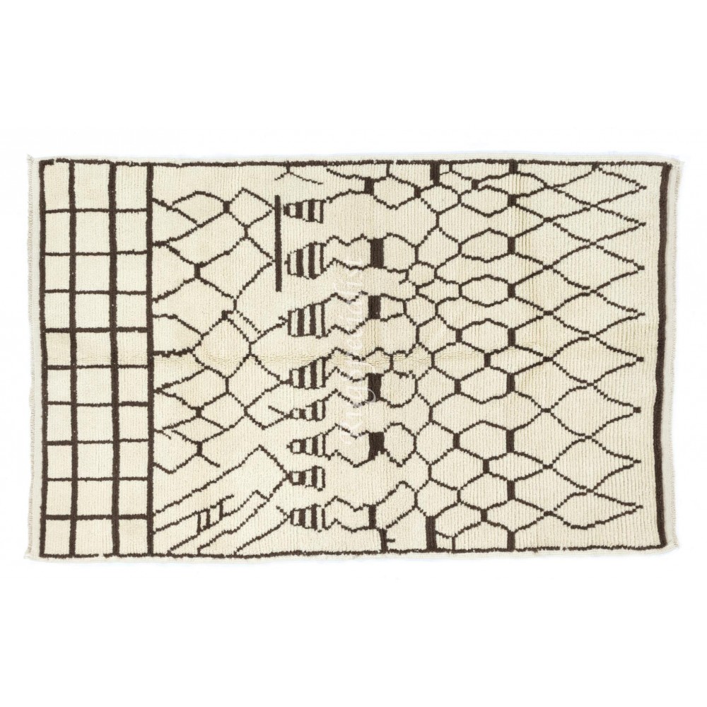 Moroccan 100% Pure Wool Rug in Ivory & Brown Colors. New Contemporary Hand Knotted Berber Tulu Carpet