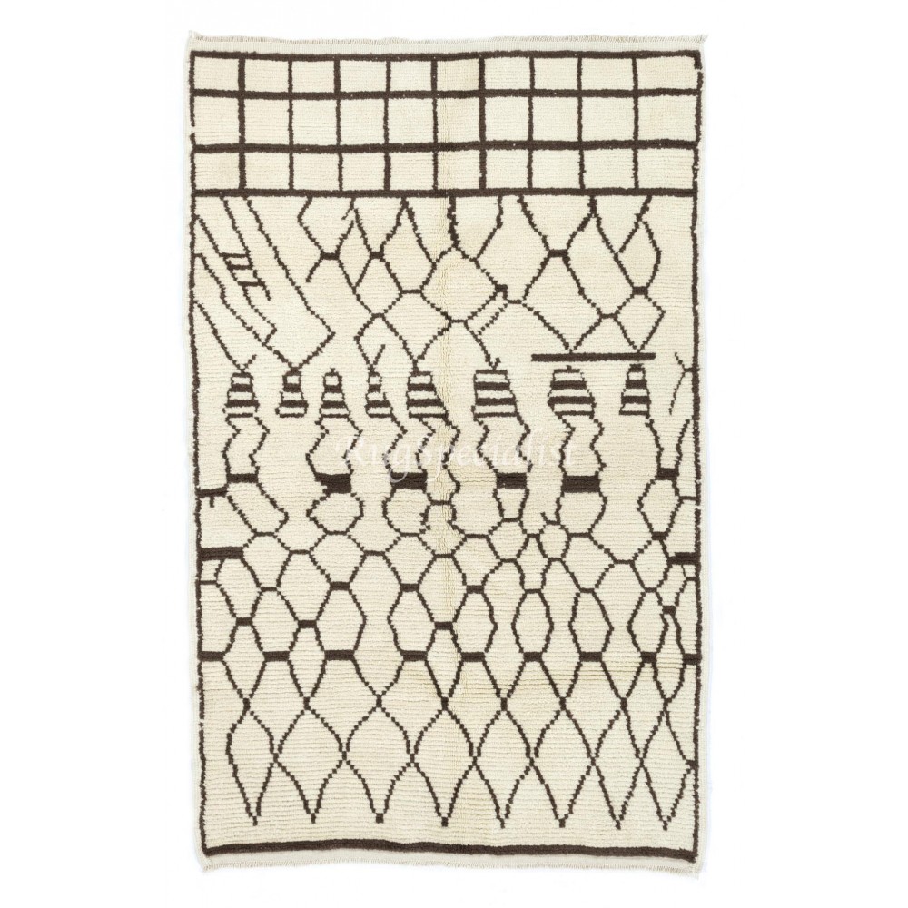 Moroccan 100% Pure Wool Rug in Ivory & Brown Colors. New Contemporary Hand Knotted Berber Tulu Carpet