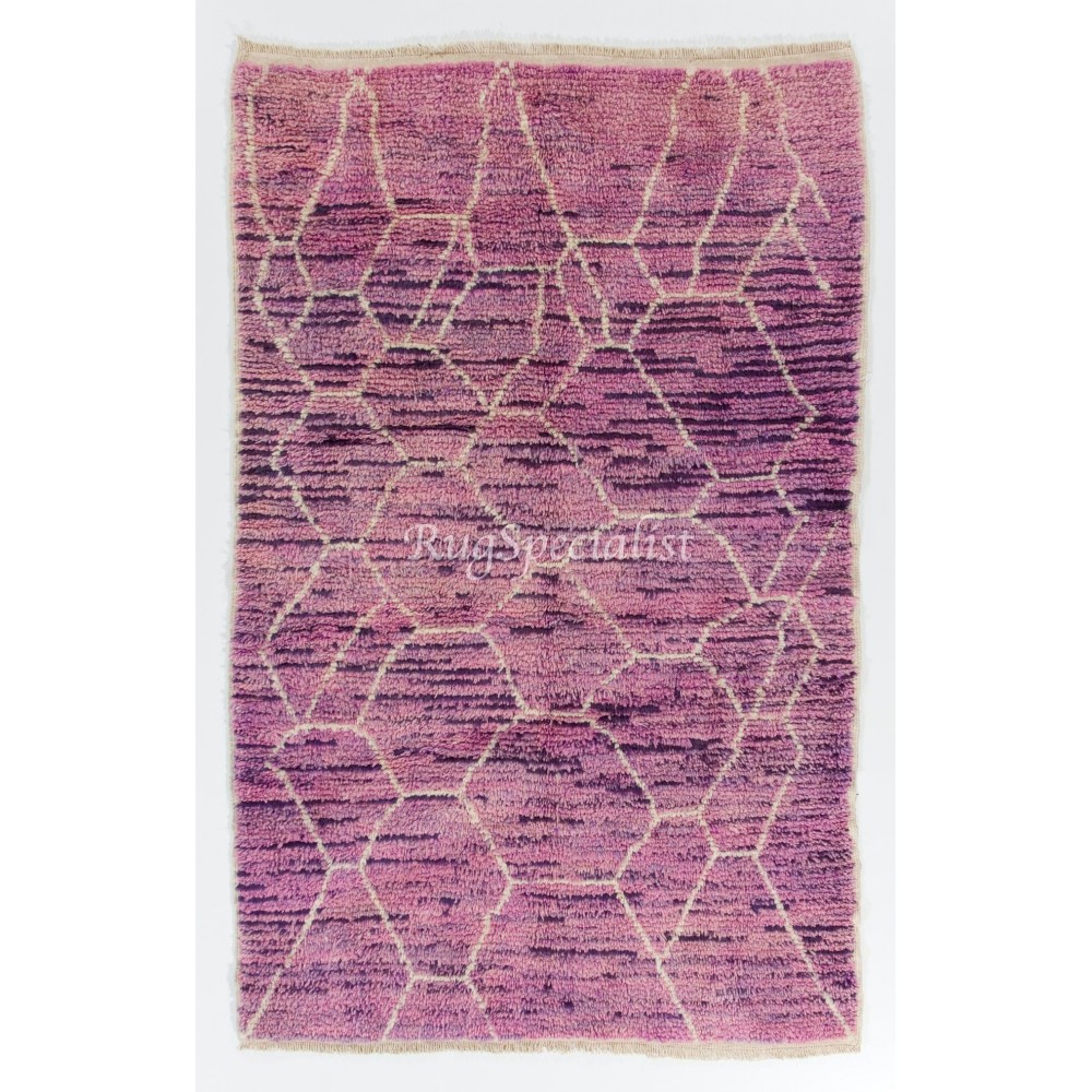 Lilac and Orchid Color Moroccan Hand Knotted Rug, 100% Wool