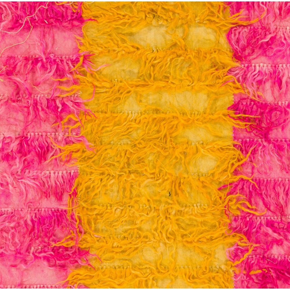 Shag Pile Mohair Tulu Rug in Hot Pink and Yellow Colors. Velvety Wool