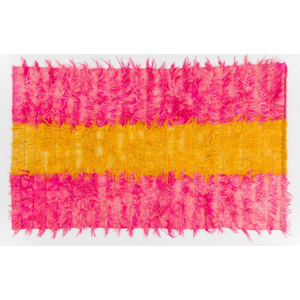 Shag Pile Mohair Tulu Rug in Hot Pink and Yellow Colors. Velvety Wool