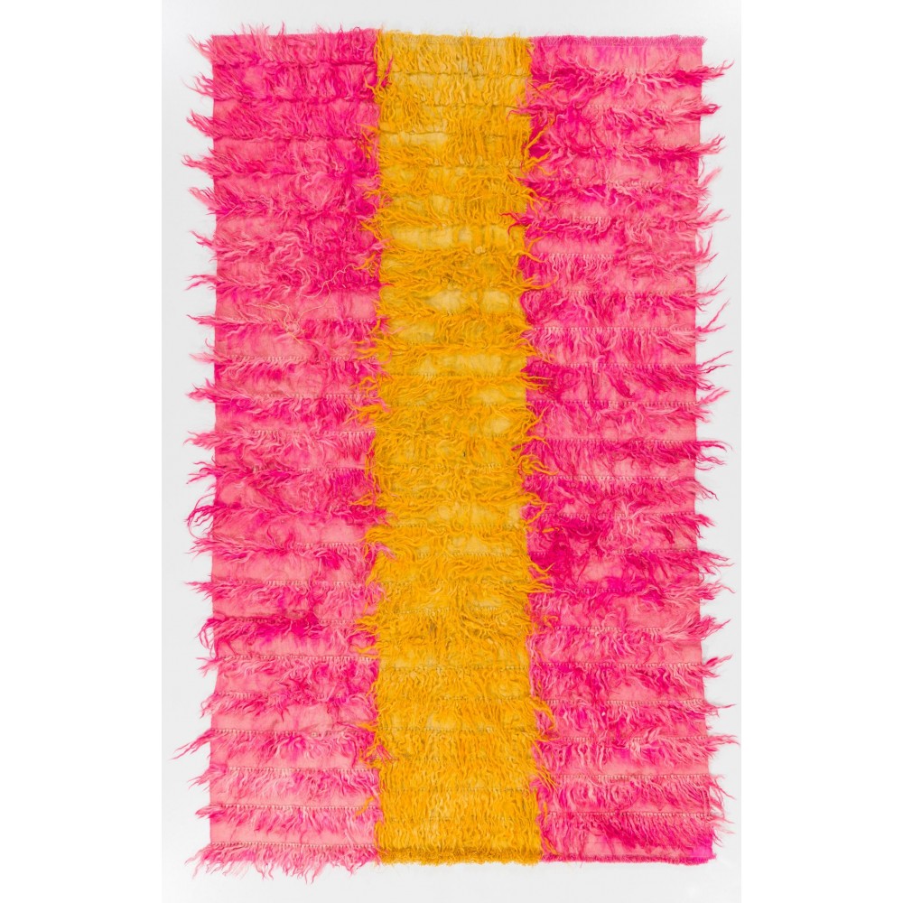 Shag Pile Mohair Tulu Rug in Hot Pink and Yellow Colors. Velvety Wool