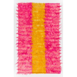 Shag Pile Mohair Tulu Rug in Hot Pink and Yellow Colors. Velvety Wool