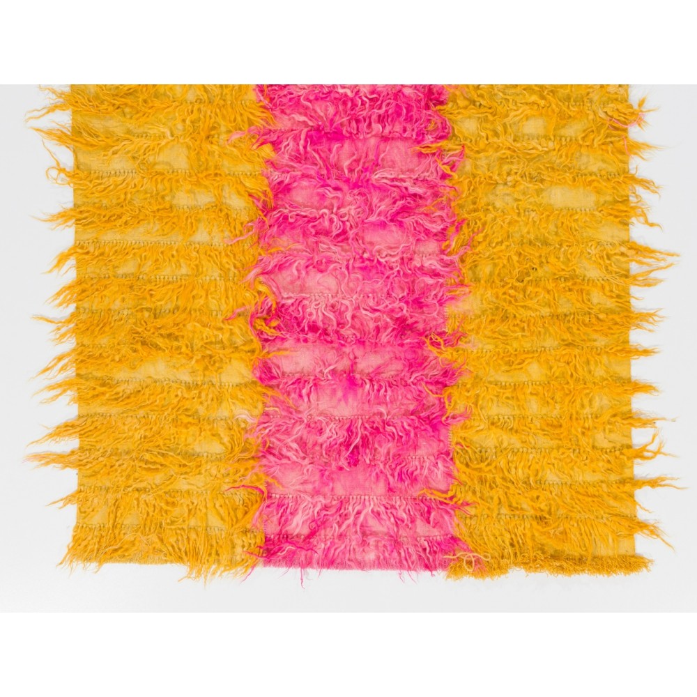 Shag Pile Mohair Tulu Rug in Hot Pink and Yellow Colors, Velvety Wool