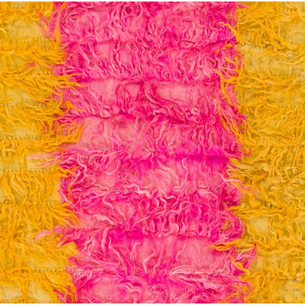 Shag Pile Mohair Tulu Rug in Hot Pink and Yellow Colors, Velvety Wool