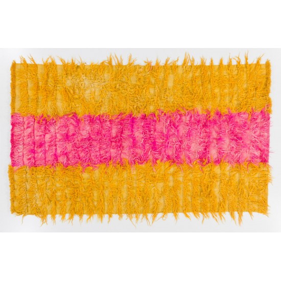 Shag Pile Mohair Tulu Rug in Hot Pink and Yellow Colors, Velvety Wool