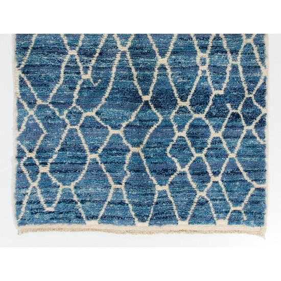 Contemporary Hand-Knotted Moroccan Rug in Indigo Blue and Ivory Colors. 100% Wool. Custom Options Available