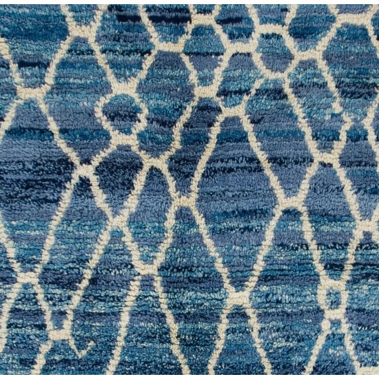 Contemporary Hand-Knotted Moroccan Rug in Indigo Blue and Ivory Colors. 100% Wool. Custom Options Available