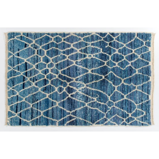 Contemporary Hand-Knotted Moroccan Rug in Indigo Blue and Ivory Colors. 100% Wool. Custom Options Available