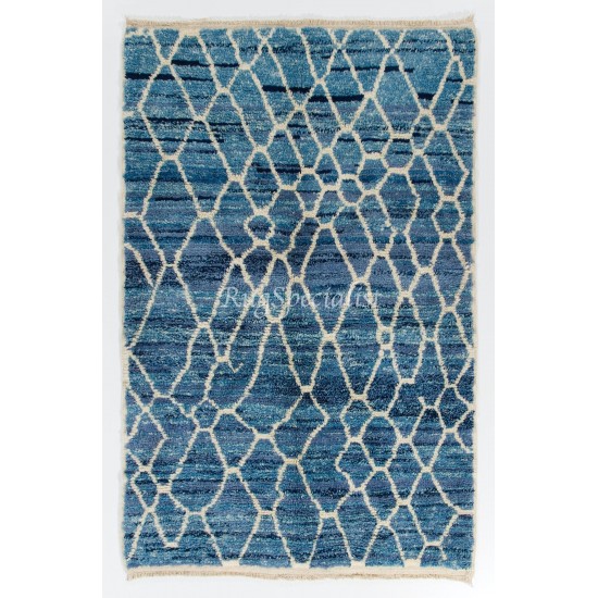 Contemporary Hand-Knotted Moroccan Rug in Indigo Blue and Ivory Colors. 100% Organic Wool. Custom Options Available