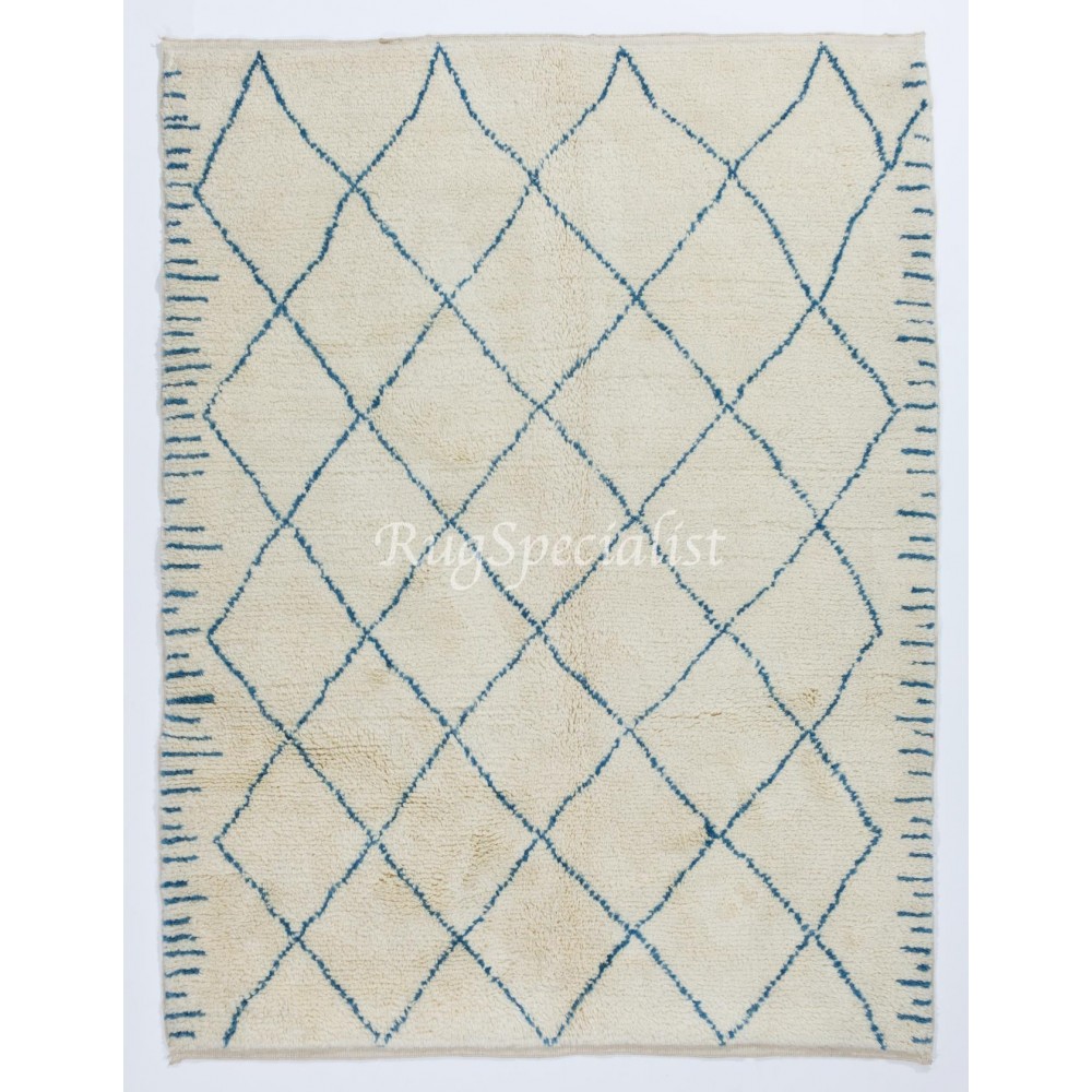 Moroccan 100% Wool Rug in Ivory & Blue Colors. Hand Knotted Berber Shag Carpet, Customize in any size