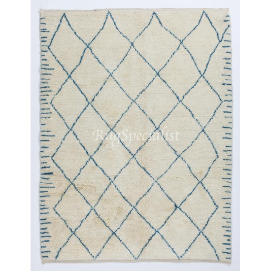 Moroccan 100% Wool Rug in Ivory & Blue Colors. Hand Knotted Berber Shag Carpet, Customize in any size