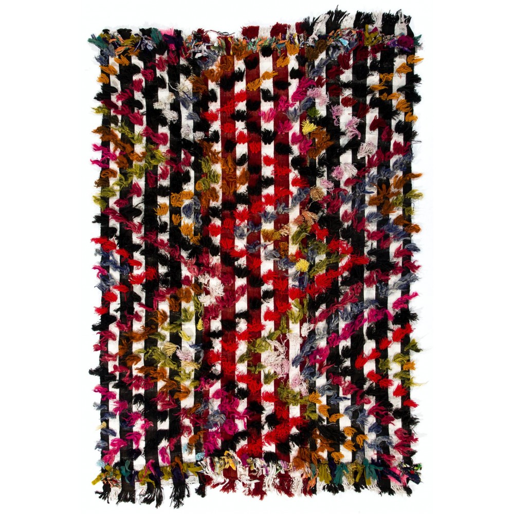 Vintage Turkish Kilim Rug with Colorful Poms, Great for Kids Room