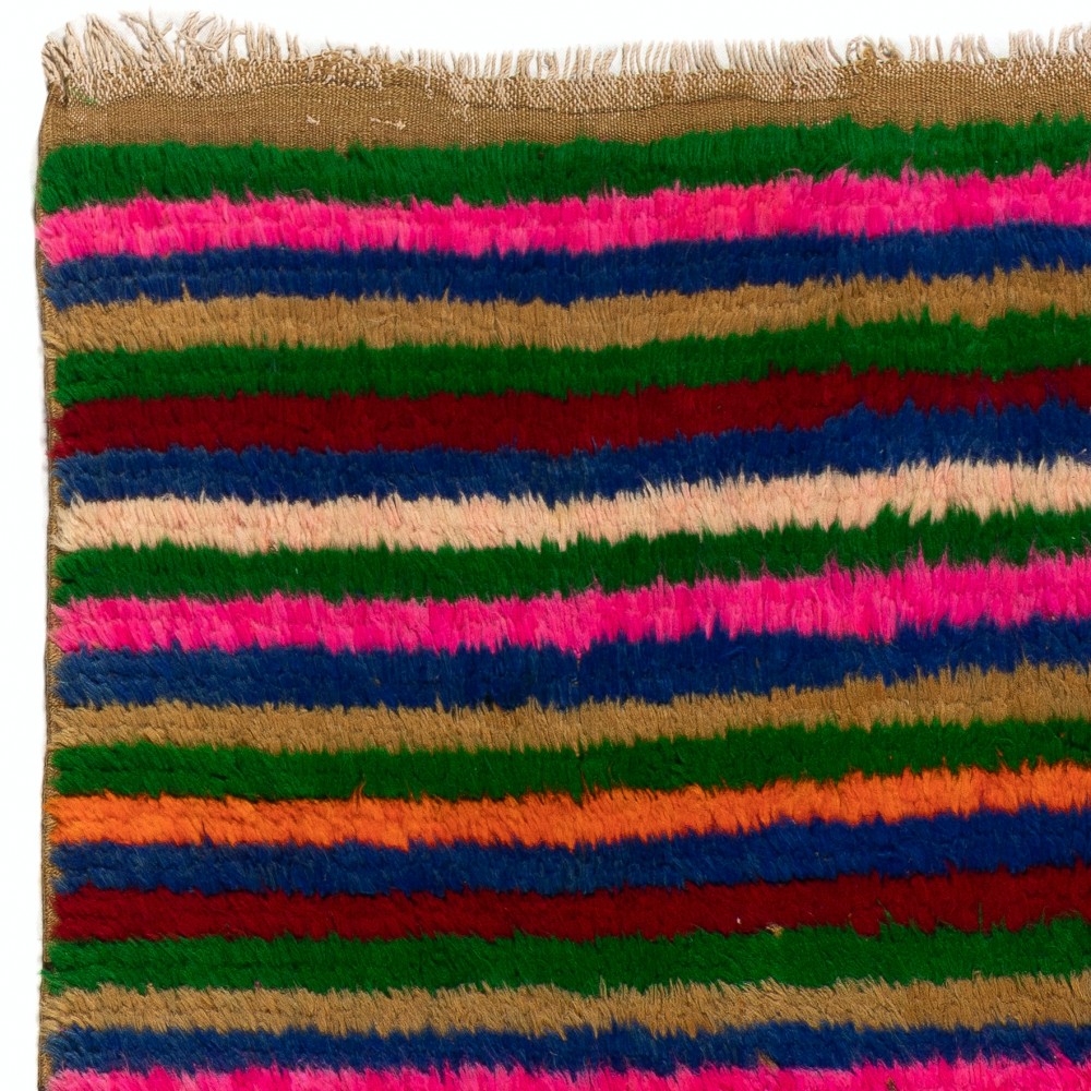 Colorful Vintage Hand-Knotted Turkish Tulu Rug with Horizontal Striped Design, 100% Wool Colorful Vintage Hand-Knotted Turkish Tulu Rug with Horizontal Striped Design, 100% Wool