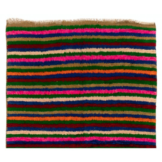 Colorful Vintage Tulu Rug with Striped Design, Soft Wool Pile Colorful Vintage Tulu Rug with Striped Design, Soft Wool Pile
