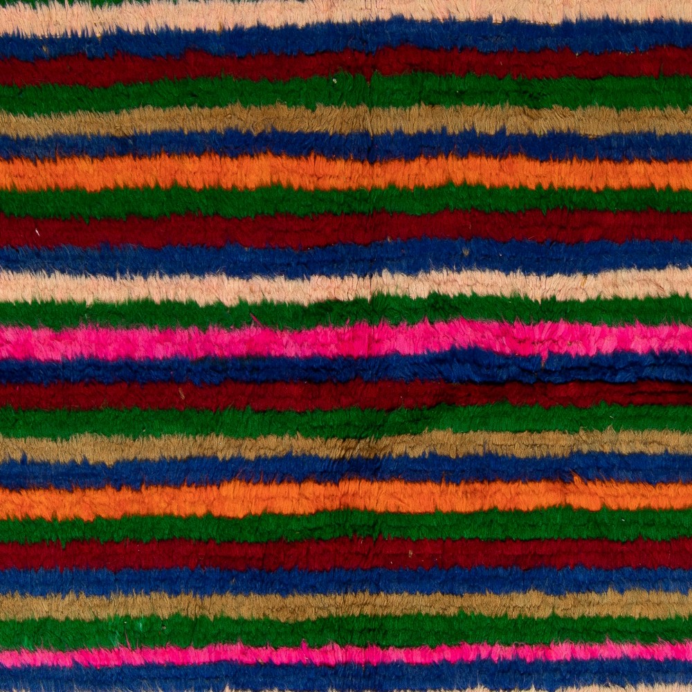 Colorful Vintage Hand-Knotted Turkish Tulu Rug with Horizontal Striped Design, 100% Wool Colorful Vintage Hand-Knotted Turkish Tulu Rug with Horizontal Striped Design, 100% Wool