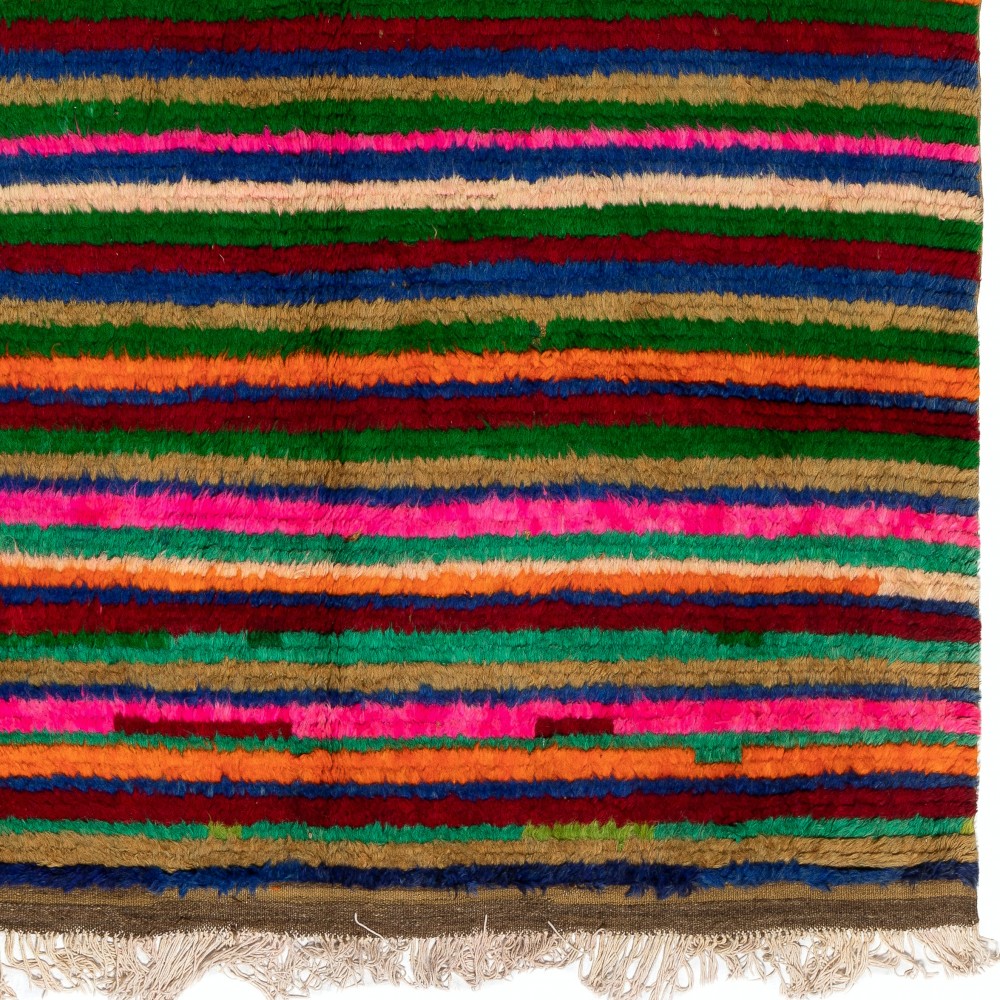 Colorful Vintage Hand-Knotted Turkish Tulu Rug with Horizontal Striped Design, 100% Wool Colorful Vintage Hand-Knotted Turkish Tulu Rug with Horizontal Striped Design, 100% Wool