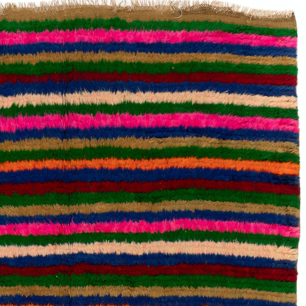 Colorful Vintage Hand-Knotted Turkish Tulu Rug with Horizontal Striped Design, 100% Wool Colorful Vintage Hand-Knotted Turkish Tulu Rug with Horizontal Striped Design, 100% Wool